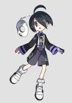  1boy ahoge allister_(pokemon) arrow_(symbol) bangs black_hair bright_pupils collared_shirt full_body gloves highres long_sleeves looking_at_viewer male_focus mask mole mole_under_mouth open_mouth partially_fingerless_gloves pokemon pokemon_(game) pokemon_swsh shirt shoes short_hair shorts single_glove solo suspender_shorts suspenders tongue white_pupils yoshi_(moco1) 