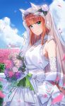  1girl absurdres bangs blue_eyes blue_sky blunt_bangs bouquet bridal_veil closed_mouth clouds day dress eyebrows_visible_through_hair flower gloves highres holding holding_bouquet horse_girl horse_tail jeze long_hair looking_at_viewer orange_hair outdoors petals pink_flower pink_rose rose silence_suzuka_(umamusume) sky smile solo tail umamusume veil wedding_dress white_dress white_flower white_gloves white_rose 