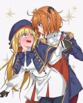  artoria_pendragon_(caster)_(fate) artoria_pendragon_(fate) black_gloves blonde_hair blue_cape blush buttons cape capelet double-breasted dress eiki_(eikityou_55) fate/grand_order fate_(series) fujimaru_ritsuka_(female) full-face_blush gloves green_eyes highres holding_hands orange_hair red_cape striped sweat sweating_profusely torso_grab two-sided_cape two-sided_fabric vertical_stripes white_dress white_gloves yuri 