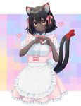  1girl :o absurdres animal_ears apron bangs black_hair blush bow bowtie breasts cat_ears cat_girl cat_tail center_frills dark-skinned_female dark_skin dress eyebrows_visible_through_hair frilled_apron frilled_dress frills hair_ribbon heart heart_hands highres looking_at_viewer medium_breasts multicolored_background multiple_tails original parted_lips pink_bow pink_bowtie pink_dress pink_ribbon puffy_short_sleeves puffy_sleeves ribbon sakura_chiyo_(konachi000) short_hair short_sleeves solo sparkle symbol-only_commentary tail two_tails underbust very_dark_skin white_apron 