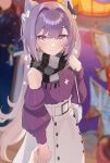  1girl bangs blush breasts casual genshin_impact grey_scarf hair_cones highres keqing_(genshin_impact) lempika long_hair long_sleeves looking_at_viewer medium_breasts off-shoulder_sweater off_shoulder purple_hair purple_sweater scarf smile solo sweater swept_bangs twintails violet_eyes 