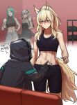  1other 3girls abs absurdres animal_ear_fluff animal_ears arknights bangs bare_shoulders bike_shorts black_jacket black_shorts black_sports_bra blonde_hair blush breasts collarbone commentary_request doctor_(arknights) dumbbell flying_sweatdrops green_hair grey_pants gwangvt hand_on_hip highres hood hooded_jacket horns hoshiguma_(arknights) jacket korean_commentary korean_text long_hair medium_breasts midriff multiple_girls navel nearl_(arknights) pants poking ponytail saria_(arknights) shorts single_horn speech_bubble sports_bra standing stomach sweat sweatpants tail thumbs_up yellow_eyes 