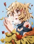  1girl autumn_leaves bangs black_sweater blue_background breath brown_eyes brown_hair brown_jacket clothing_cutout collarbone eyebrows_visible_through_hair hair_behind_ear highres jacket keeemu_(gouf2016) looking_up open_mouth own_hands_together portrait senki_zesshou_symphogear short_hair shoulder_cutout solo sweater tachibana_hibiki_(symphogear) turtleneck 