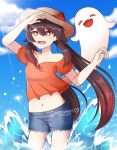  1girl :d alternate_costume bangs bare_shoulders black_hair blue_sky blurry casual clouds cloudy_sky collarbone commentary denim denim_shorts depth_of_field english_commentary eyebrows_visible_through_hair genshin_impact hair_between_eyes hat highres hu_tao_(genshin_impact) in_water long_hair looking_at_viewer navel orange_eyes salute short_shorts short_sleeves shorts sidelocks sky smile sorreinhart stomach straw_hat symbol-shaped_pupils twintails twitter_username watermark 
