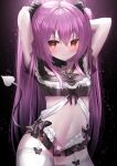  1girl absurdres arms_behind_head arms_up bangs black_ribbon blush closed_mouth commentary_request cowboy_shot crop_top demon_tail detached_collar garter_straps hair_between_eyes hair_ribbon highres hololive long_hair looking_at_viewer makoto_(xxgk5833) midriff navel purple_hair red_eyes ribbon short_sleeves smile solo standing tail thigh-highs uruha_rushia very_long_hair virtual_youtuber white_legwear 