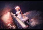  1girl armband bare_shoulders blue_eyes chair choker closed_mouth clouds cloudy_sky collarbone covered_nipples dress english_text gears gold gold_choker instrument long_dress long_hair looking_at_viewer music ocean orange_hair original piano playing_instrument shiny shiny_hair sitting sky solo twintails very_long_hair white_dress wolflower 