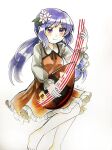  1girl biwa_lute black_neckwear black_ribbon brown_dress closed_mouth dress flower hair_flower hair_ornament highres instrument long_hair long_sleeves lute_(instrument) maa_(forsythia1729) music musical_note playing_instrument purple_hair ribbon simple_background smile touhou traditional_media tsukumo_benben twintails violet_eyes white_background white_sleeves 