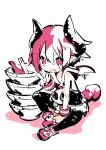  1girl bangs black_legwear bowl demon_girl disgaea fang food harada_takehito highres horns looking_at_viewer makai_senki_disgaea_3 noodles open_mouth pantyhose pink_eyes pink_hair pointy_ears ramen raspberyl sailor_collar short_hair sitting solo symbol-only_commentary tail v-shaped_eyebrows white_background wings 