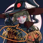  1girl alternate_color blonde_hair cape crescent_moon eitri_(fire_emblem) fire_emblem fire_emblem_heroes gloves glowing glowing_eyes hat highres jack-o&#039;-lantern looking_at_viewer moon mutomorokoshi red_eyes wavy_hair witch_hat 