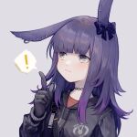  ! animal_ears arknights bangs black_bow black_gloves black_jacket bow closed_mouth commentary_request ear_bow ear_piercing gloves grey_background grey_eyes hair_twirling hand_up jacket long_hair long_sleeves looking_away miike_(992058) piercing rabbit_ears rope_(arknights) simple_background spoken_exclamation_mark 
