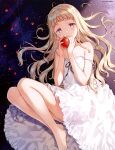  absurdres apple blonde_hair blush dress eyebrows_visible_through_hair floor food fruit highres hiten_(hitenkei) holding holding_food legs legs_up long_hair lying petals strap_slip sundress violet_eyes white_dress 