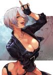  1girl angel_(kof) black_gloves blue_eyes breasts chaps cleavage cropped_jacket finger_horns fingerless_gloves gloves hair_over_one_eye hankuri jacket large_breasts leather leather_jacket looking_at_viewer open_mouth simple_background snk solo the_king_of_fighters the_king_of_fighters_xv tongue tongue_out upper_teeth 