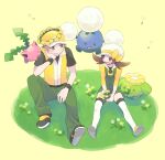  1boy 1girl alternate_color baseball_cap brown_eyes brown_hair closed_mouth commentary_request evolutionary_line flower grass green_overalls green_pants hat head_wreath highres holding holding_flower hoppip jacket jumpluff long_hair lyra_(pokemon) open_mouth pants pokemon pokemon_(creature) pokemon_(game) pokemon_frlg pokemon_hgss pumpkinpan red_(pokemon) shirt shoes short_hair short_sleeves sitting skiploom smile thigh-highs tongue twintails white_headwear white_legwear yellow_flower yellow_footwear yellow_headwear yellow_shirt 