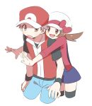  1boy 1girl baseball_cap blue_overalls blue_pants bow brown_eyes brown_hair cabbie_hat commentary_request hat hat_bow highres jacket long_hair lyra_(pokemon) open_mouth overalls pants pokemon pokemon_(game) pokemon_frlg pokemon_hgss pumpkinpan red_(pokemon) red_bow red_headwear red_jacket red_shirt shirt short_hair short_sleeves sleeveless sleeveless_jacket sweatdrop t-shirt thigh-highs white_headwear 