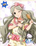  blush brown_eyes character_name green_hair handa_roko idolmaster_million_live!_theater_days long_hair shirt wink 