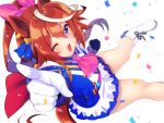  1girl ;d animal_ears ascot asymmetrical_gloves blue_gloves boots brown_hair clenched_hand confetti eyebrows_visible_through_hair gloves hair_ribbon horse_ears horse_girl horse_tail index_finger_raised light_blue_eyes long_hair long_sleeves mismatched_gloves multicolored_hair nnmi11 one_eye_closed pink_ascot pink_neckwear pink_ribbon ponytail ribbon simple_background smile solo streaked_hair tail tokai_teio_(umamusume) two-tone_hair umamusume v-shaped_eyebrows white_background white_footwear white_gloves white_hair 