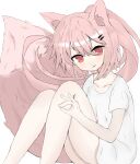  1girl animal_ear_fluff animal_ears bangs closed_mouth collarbone eyebrows_visible_through_hair feet_out_of_frame fox_ears fox_girl fox_shadow_puppet fox_tail hair_between_eyes hair_ornament hairclip highres knees_up long_hair looking_at_viewer original pink_hair ponytail red_eyes shirt short_sleeves simple_background sirotuki_ito sitting smile tail very_long_hair white_background white_shirt 