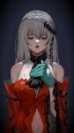  1girl 7201980305 :o arknights bangs bare_shoulders black_background closed_mouth gloves green_gloves grey_hair hair_between_eyes hair_ornament hand_on_own_chest highres long_hair navel open_mouth red_shirt red_sleeves shirt simple_background skadi_(arknights) skadi_the_corrupting_heart_(arknights) sleeveless sleeveless_shirt solo 