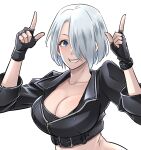  1girl angel_(kof) bangs bra breasts butcha-u close-up cropped_jacket eyebrows_visible_through_hair fingerless_gloves gloves hair_over_one_eye hand_up highres index_finger_raised jacket large_breasts leather looking_at_viewer open_mouth simple_background snk solo the_king_of_fighters the_king_of_fighters_2001 the_king_of_fighters_xiv underwear upper_body white_background 