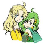  2girls blonde_hair blue_eyes cape celes_chere closed_mouth detached_sleeves earrings final_fantasy final_fantasy_iv final_fantasy_vi green_hair hair_ornament jewelry long_hair looking_at_viewer miri_(mirik) multiple_girls rydia_(ff4) simple_background smile star_(symbol) star_earrings star_hair_ornament white_background 