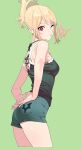  1girl ;o arms_behind_back bangs black_shirt blonde_hair camisole commentary cowboy_shot cropped_legs folded_ponytail from_side green_background heart henken highres looking_at_viewer looking_back one_eye_closed open_mouth original red_eyes shirt short_hair short_shorts shorts sidelocks simple_background solo 