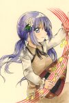  1girl biwa_lute black_neckwear black_ribbon breasts brown_dress closed_mouth dress flower hair_flower hair_ornament highres instrument long_hair long_sleeves lute_(instrument) maa_(forsythia1729) music musical_note playing_instrument purple_hair ribbon simple_background small_breasts smile touhou traditional_media tsukumo_benben twintails violet_eyes white_background white_sleeves 