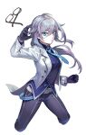  1girl absurdres bangs belt belt_buckle black_gloves black_pants blue_eyes blue_necktie blue_shirt buckle closed_mouth fu_hua fu_hua_(night_squire) glasses gloves hair_between_eyes highres honkai_(series) honkai_impact_3rd jacket long_hair long_sleeves looking_at_viewer necktie open_clothes open_jacket pants polo_shirt ponytail shirt simple_background sin_(btc86amme) solo v-shaped_eyebrows white_background white_jacket 