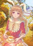  1girl animal_ears bangs blunt_bangs chair cup day flower garden hair_flower hair_ornament highres holding holding_cup light_smile looking_at_viewer original outdoors rabbit_ears short_hair solo table tea tea_party teacup teapot violet_eyes yato_(alphonse59) 