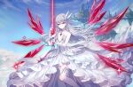  1girl absurdres bangs bare_shoulders blue_sky character_request choker clouds copyright_request day dress feet_out_of_frame floating_island gloves hair_between_eyes head_wings highres holding holding_sword holding_weapon long_hair looking_at_viewer outdoors red_eyes sheya silver_hair sky solo strapless strapless_dress sword thigh-highs weapon white_dress white_gloves 