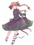  1girl animal_ears blush bow braid cat_ears cat_tail clothes_lift dress extra_ears fang green_dress kaenbyou_rin looking_at_viewer multiple_tails nekomata open_mouth pointy_ears rangycrow red_eyes redhead ribbon skirt skirt_lift slit_pupils smile subterranean_animism tail touhou white_background 