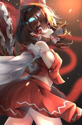  1girl absurdres bow collar detached_sleeves dfra hair_bow hair_tubes hakurei_reimu highres medium_hair nontraditional_miko red_eyes red_shirt red_skirt ribbon-trimmed_sleeves ribbon_trim shirt sidelocks skirt skirt_set sleeveless solo touhou white_collar 