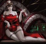  1girl bangs bare_shoulders black_hair breasts chinese_clothes detached_sleeves dress earrings fingernails hair_ornament highres jewelry large_breasts long_hair long_sleeves looking_at_viewer nuwa_(smtv) red_dress sash shin_megami_tensei shin_megami_tensei_v simple_background snake solo thighs wei_(promise_0820) yellow_eyes 