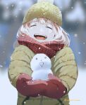  1girl :d absurdres bangs closed_eyes down_jacket gloves hat highres holding ice_morinaka jacket knit_hat long_sleeves open_mouth original pink_hair scarf smile snow snowing snowman solo 