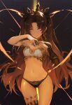  1girl armband ass_visible_through_thighs bikini black_hair breasts bridal_gauntlets commentary_request cowboy_shot earrings fate/grand_order fate_(series) hoop_earrings ishtar_(fate) jewelry long_hair looking_at_viewer medium_breasts navel pink_eyes single_bridal_gauntlet single_thighhigh solo swimsuit thigh-highs wifc 