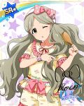  blush brown_eyes character_name green_hair handa_roko idolmaster_million_live!_theater_days long_hair shirt wink 