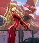  1girl arched_back bangs blonde_hair blue_eyes bodysuit day eva_02 floating_hair headgear highres kim_sung_hwan leaning_forward long_hair looking_at_viewer neon_genesis_evangelion outdoors parted_lips plugsuit red_bodysuit shiny shiny_hair solo souryuu_asuka_langley standing very_long_hair 