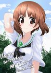 1girl absurdres aikir_(jml5160) alternate_sleeve_length arm_up bangs blouse blue_sky brown_eyes brown_hair character_name closed_mouth clouds cloudy_sky commentary dated day english_text eyebrows_visible_through_hair girls_und_panzer hand_in_hair happy_birthday highres light_blush looking_at_viewer neckerchief nishizumi_miho ooarai_school_uniform outdoors sailor_collar school_uniform serafuku short_hair sky smile solo tree white_blouse white_sailor_collar wind 