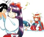  1boy 2girls blue_headwear blush bow bowtie closed_eyes crossed_bandaids hakama hakama_skirt hakurei_reimu hakurei_reimu_(pc-98) hat horns japanese_clothes kaigen_1025 kimono long_hair miko multiple_girls orb purple_hair red_bow red_bowtie red_hakama red_skirt redhead shingyoku_(male) shingyoku_(touhou) simple_background skirt sweatdrop tate_eboshi touhou touhou_(pc-98) white_background white_kimono wide_sleeves yin_yang yin_yang_orb 