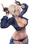  1girl abs angel_(kof) arms_up blue_eyes boots bra breasts chaps cowboy_boots cropped_jacket crotchless crotchless_pants finger_horns fingerless_gloves gloves hair_over_one_eye highres horns_pose index_fingers_raised jacket kin_mokusei large_breasts leather leather_jacket looking_at_viewer midriff pants snk solo strapless strapless_bra the_king_of_fighters the_king_of_fighters_2001 the_king_of_fighters_xiv the_king_of_fighters_xv toned underwear white_background white_hair 