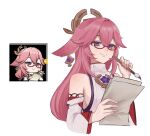 1girl animal_ears bangs bespectacled detached_sleeves earrings fox_ears genshin_impact glasses highres holding holding_paper japanese_clothes jewelry long_hair ma_y_yyyo miko multiple_views paintbrush paper pink_hair red-framed_eyewear reference_inset simple_background smile solo upper_body violet_eyes white_background wide_sleeves yae_miko