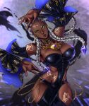  1girl absurdres black_clothes body_markings braid breasts brown_lips clothing_cutout cornrows dark_skin dolores_(kof) green_eyes hairlocs highres jewelry long_hair looking_at_viewer multiple_braids ornament owlkii snk stomach_cutout tan the_king_of_fighters the_king_of_fighters_xv very_dark_skin yellow-framed_eyewear 