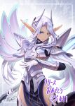  1girl absurdres armor blue_eyes boots copyright_request gloves headgear highres holding holding_weapon long_hair looking_at_viewer pinakes pointy_ears shoulder_armor solo thigh-highs thigh_boots weapon white_gloves white_hair 