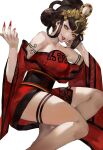  1girl bangs bare_shoulders black_hair blazpu breasts chinese_clothes crossed_legs detached_sleeves dress earrings fingernails hair_ornament highres jewelry large_breasts long_hair long_sleeves looking_at_viewer nuwa_(smtv) red_dress sash shin_megami_tensei shin_megami_tensei_v simple_background solo thighs yellow_eyes 