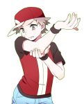  1boy baseball_cap blue_pants brown_eyes brown_hair brown_shirt commentary_request fingernails hands_up hat jacket looking_down male_focus pants parted_lips pokemon pokemon_(game) pokemon_frlg pumpkinpan red_(pokemon) red_headwear red_jacket shirt short_hair short_sleeves simple_background sleeveless sleeveless_jacket solo spiky_hair sweatdrop white_background wristband 