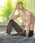  1boy abs bed_sheet black_pants closed_eyes curtains earrings green_hair jewelry male_focus messy_hair muscular muscular_male one_piece open_mouth pants pectorals roronoa_zoro sharp_teeth shiny shiny_skin solo teeth toned toned_male topless_male tree yawning 
