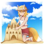  1girl :3 animal_ears bangs bare_shoulders beach blue_sky blurry casual clouds cloudy_sky collarbone commentary depth_of_field english_commentary eyebrows_visible_through_hair fox_ears fox_girl fox_tail hair_between_eyes hair_ornament hat highres kneeling looking_at_viewer navel orange_hair red_skirt sand_castle sand_sculpture senko_(sewayaki_kitsune_no_senko-san) sewayaki_kitsune_no_senko-san short_hair sidelocks skirt sky sleeveless solo sorreinhart spaghetti_strap stomach straw_hat tail teeth watermark yellow_eyes 