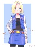  1girl aegissanp android_18 belt black_shirt blonde_hair blue_eyes blue_jacket blue_skirt breasts closed_mouth dragon_ball dragon_ball_z earrings expressionless eyes_visible_through_hair hand_on_hip highres jacket jewelry long_sleeves looking_at_viewer pantyhose shirt short_hair skirt solo standing twitter_username 