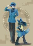  1boy adjusting_clothes adjusting_headwear arm_behind_back artist_name black_pants blue_hair blue_headwear blue_jacket brown_background full_body highres jacket long_sleeves looking_at_viewer lucario male_focus pants pokemon pokemon_(creature) red_eyes riley_(pokemon) simple_background standing yaguremaru 