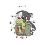  1boy absurdly_long_hair artist_request ashiya_douman_(fate) asymmetrical_clothes asymmetrical_hair bell black_eyes blush chibi curly_hair fate/grand_order fate_(series) hair_ornament hidden_face highres japanese_clothes kimono long_hair long_sleeves multicolored_hair scarf trembling two-tone_hair very_long_hair white_background 