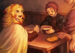  2boys :d black_jacket blonde_hair brown_hair cape checkered chopsticks earrings head_out_of_frame holding holding_chopsticks indoors jacket jewelry kamado_tanjirou kimetsu_no_yaiba long_sleeves looking_down multicolored_hair multiple_boys red_eyes redhead remsor076 rengoku_kyoujurou smile table twitter_username two-tone_hair white_cape yellow_eyes 